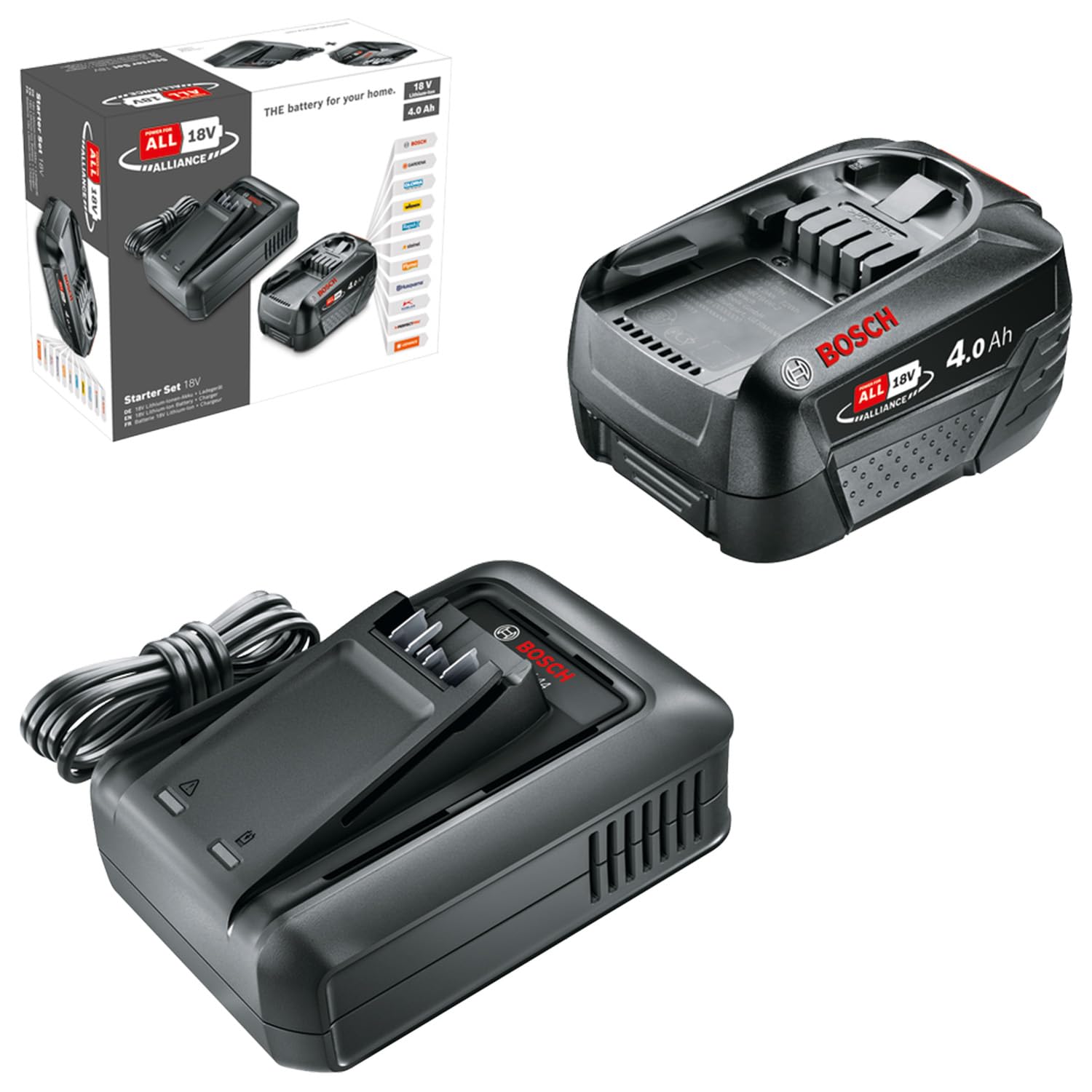 Bosch Batterie Lithium-Ion 18V 4,0 Ah + Chargeur Rapide (Starter Set - Alliance POWER FOR ALL 18V)