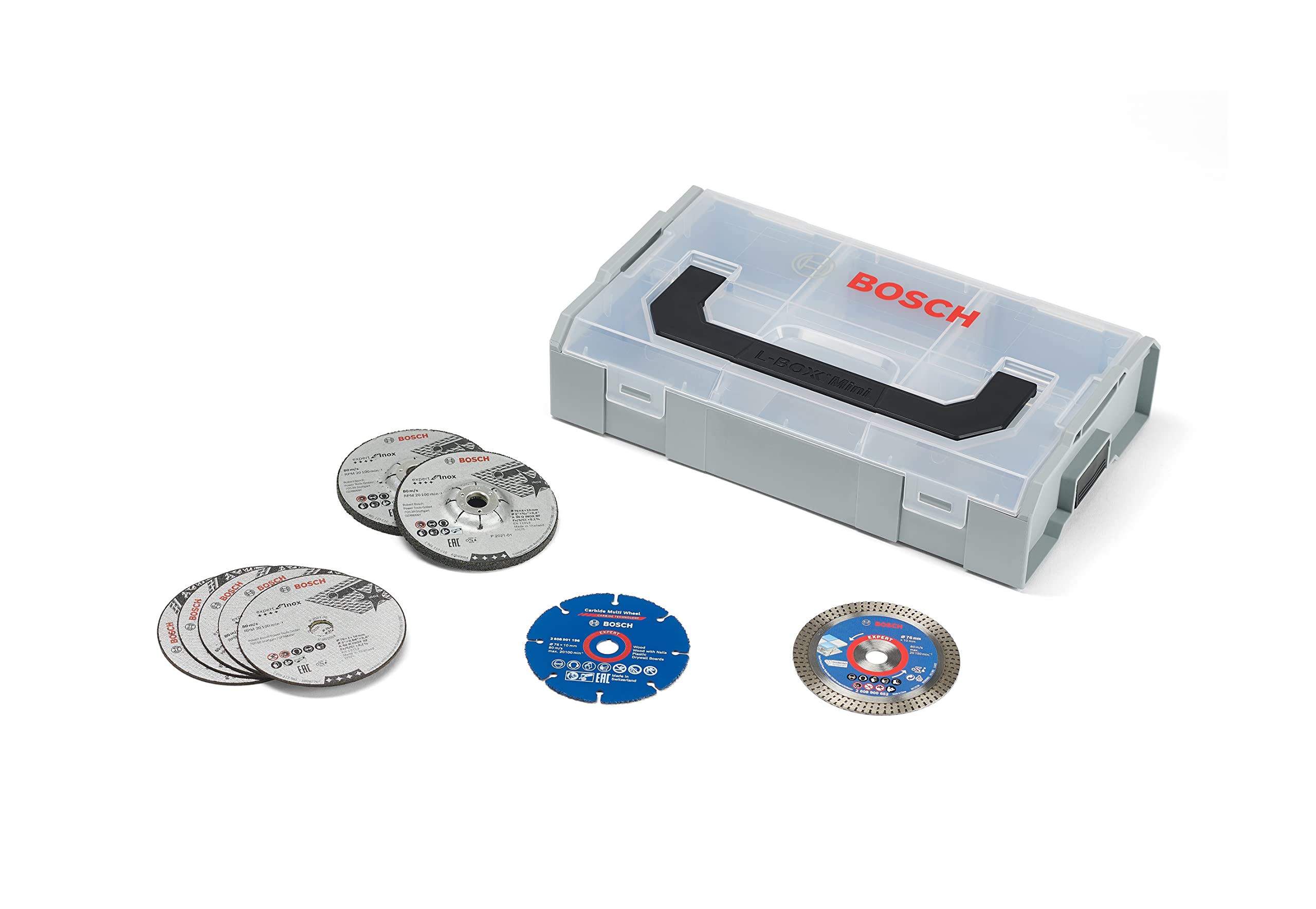 Bosch Professional 9 pièces 76mm-Disc Set + mini L-Boxx, outil professionnel pour maçonnerie, meuleuse angulaire, Ø 76 m
